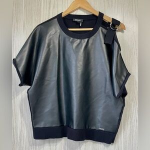 DKNY FAUX LEATHER SHOULDER DETAIL BLACK TOP Size S NWOT